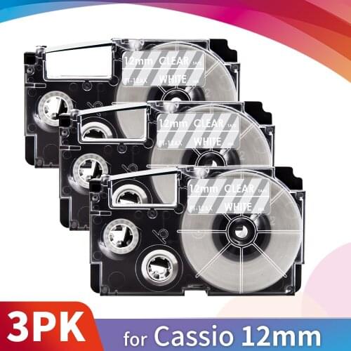 Topcolor XR-12AX Compatible Casio Label Printer XR 12AX White on Clear 12mm*8m Label Tape for EZ Label Maker KLKL-P350W KL-HD1