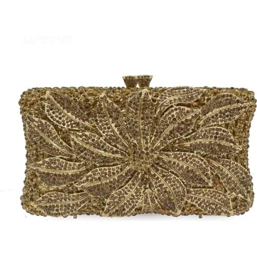 Ladies luxury diamond banquet golden leaf clutch bag women chain full rhinestone dinner bags female crystal evening handbags