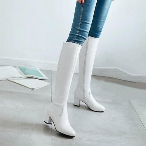 YMECHIC 2019 Autumn Winter Block High Heel Boots White Black Womens Shoes Long Knight Ride Knee High Boots Female Shoe Plus Size