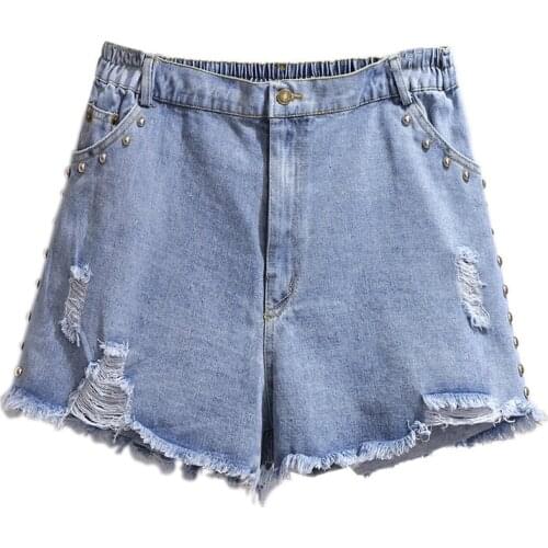 2020 Oversize summer women denim shorts hole beaded straight wide-leg Shorts short jeans plus size XXL-6XL elastic waist G1014