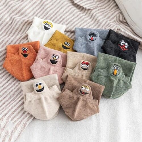 10 Pairs Womens Ankle Socks Funny Expression Spring Cartoon Smile Face Embroidery Kawaii Summer Cute Cotton Female Short Socks
