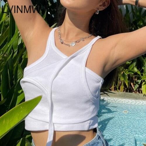 LVINMW Splice Solid Asymmetrical Casual Designed Tops Basic Simple Daily Bandage Cropped Tank Summer Newest Women Top Streetwear