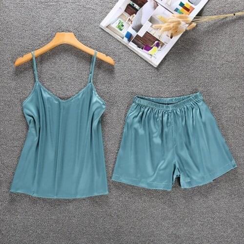 2021 Summer 2PCS Suspender Pajama Sets for Women Sexy V-Neck Top&Shorts Nightwear Lounge Ice Silk Sleepwear Loose Home Wear