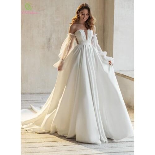 SSYFashion long sleeve satin wedding dress bride married boat neck lantern sleeve a-line simple wedding gown vestido de novia