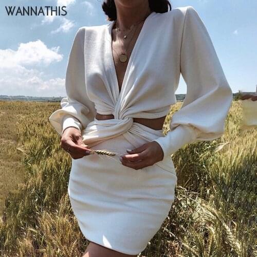 WannaThis Deep V-neck Waist Cross Hollow out Dress Women Long Sleeve Puff Sleeve Sexy Autumn Casual Fashion Solid Mini Dress