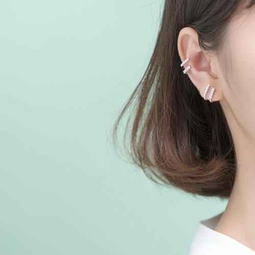 1pair (No pierced) Real. 925 Sterling Silver Jewelry Double Rows CZ set Clip On Cuff Earrings Ear-Bone C-G5464