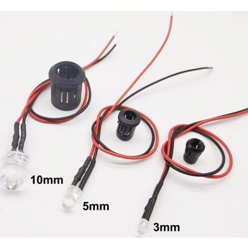 10-100pcs 3mm/5mm/10mm Red/Green/Blue/RGB white UV DC12V Round Pre-Wired Water Clear LED With Plastic Holder