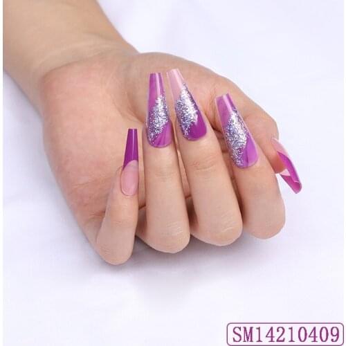 24pcs Purple Nail Patch Glue Type Removable Long Paragraph Fashion Manicure Save Time False Nail Patch NN