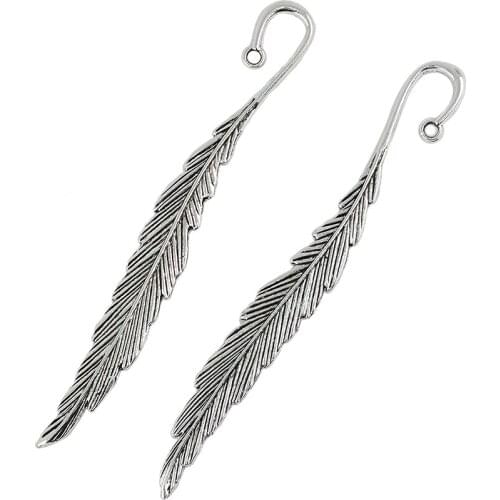 6 Pieces Antique Silver Metal Feather Leaf Bookmark with Mini Fishing Hook Charm