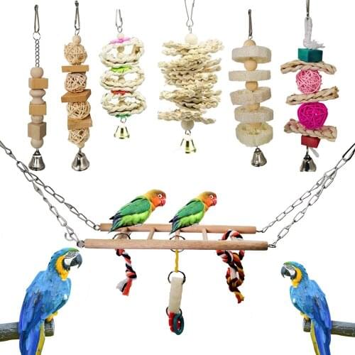 7Pcs/set Simple Wood Swing Suspension Bridge Stairs Biting Bird Small Birds Finches Chewing Hanging Bell String Toy
