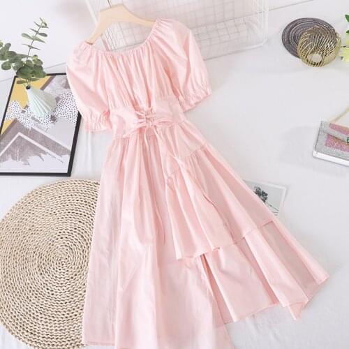 Elegant Summer Women Slash Neck Bandage Strap Puff Sleeve Ruffles Chic Dress Lady Irregular Elastic Slim Waist Party Midi Dress