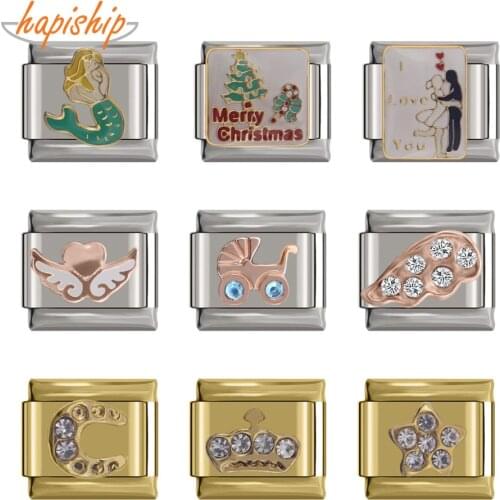 Hapiship 2019 New 9mm Width Original Daisy Crown Wing Merry Christmas Mermaid Charm Fit 9mm Bracelet Stainless Steel Link DJ130