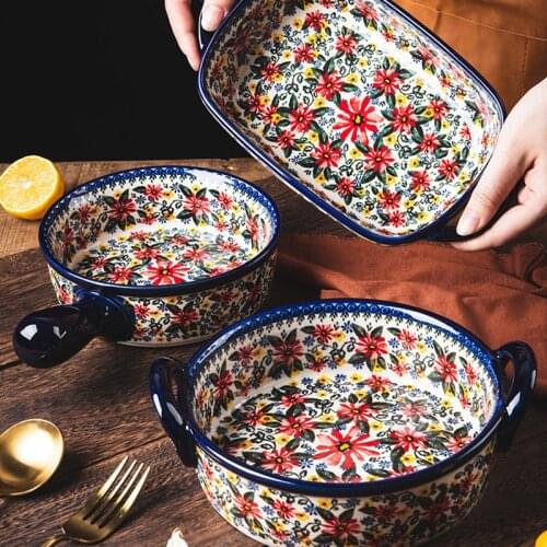 Retro Ceramic Bakeware Household Hand Painted Salad Plate Rice Bowl Binaural Baking Pan Kitchen Tableware Single Handle Bowl