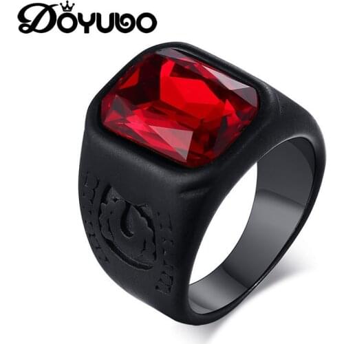 DOYUBO Vintage Men Black Stainless Steel Ring Jewelry With Precious Red Stone Male Rings Accessories Engrave Logo & Names DA122