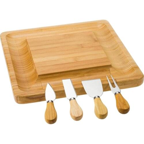 Square Bamboo Cheese Board Platter & Knife Set Slide-Out Drawer