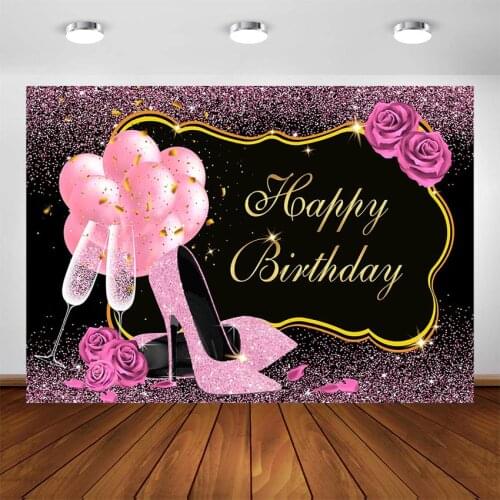 Sweet Pink Rose Birthday Backdrop Shiny Glitter High Heels Champagne Adults Women Birthday Decor Photo Booth Background