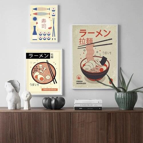 Wall Art Decoration Picturer Ramen Noodles with Egg Canvas Poster Janpanese Vinatge Sushi Food Painting Retro Kitchen Restaurant