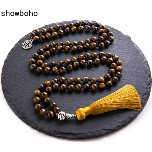 8mm Natural Yellow Tiger Eye Knotted Mala Necklace Meditation Yoga Energy Jewelry 108 Japamala Beads Tassel Tree of Life Pendant