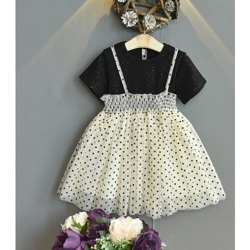 Girls' dress 2021 summer new girls' baby fashion star Sequin stitching mesh lace fake two piece dress