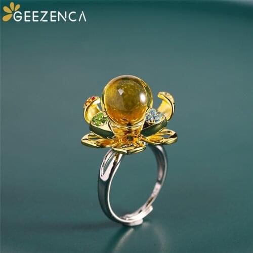 S925 Silver Blue Amber Womens Ring Rotatable Lotus Flower Double Colors Electroplated Elegant Trendy Gift Fine Jewelry 2021 New