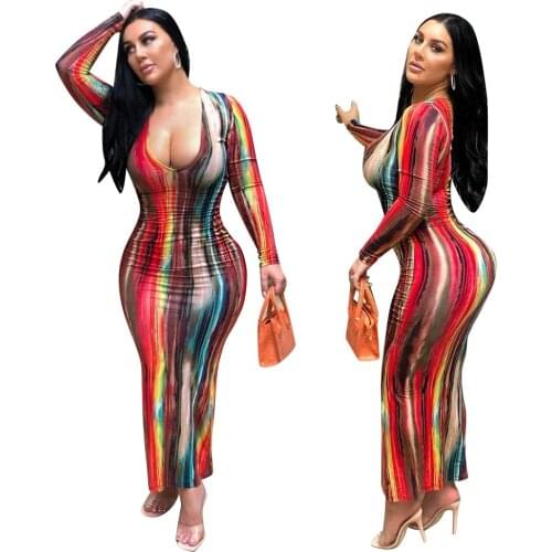 Sexy V Neck Long Sleeve Dress Tie Dye Fashion Printed Long Dresses Bodycon Boho Sundresses 2021 Plus Size Women Clothing L-4XL