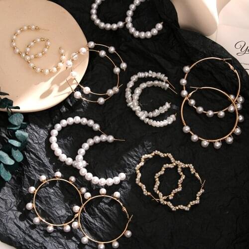 FNIO Exaggerate Circle Hoop Pearl Earrings Brincos Simple Party Round Loop Earrings for Women Party Jewelry