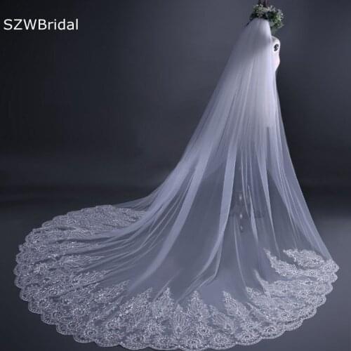 New Arrival White Ivory Cathedral Wedding Veils Long Lace Appliques Crystals Beaded Boda Bridal accessories Sexy Bride veil