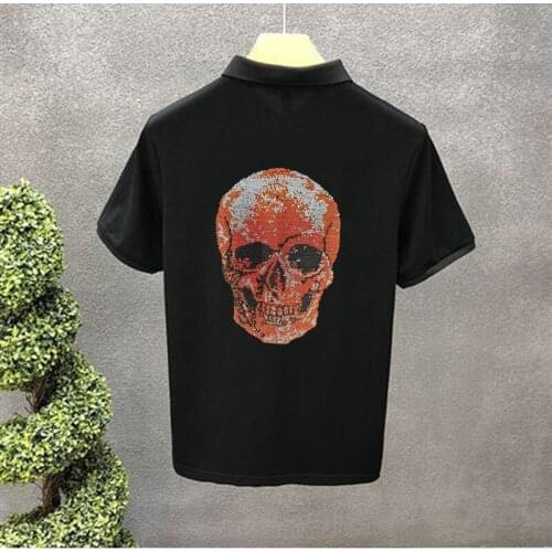Spring Mens High Quality Breathable POLO Shirt Lapel Slim Casual Short Sleeve Button Business Hot Rhinestone Skull Style New