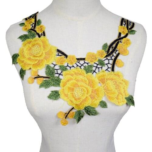 Embroidery Yellow Flower Lace Neckline Fabric DIY Organza Lace Collar Fabric Sewing Applique Supplies