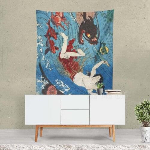 Japanese Tapestry Dragon Vintage Mural Mermaid Octopus Art Nautical Decor Beach Theme Blue Art