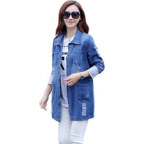 Plus size 5XL Basic Long Jeans Coat Women Slim Ripped Denim Jacket Femme Elegant Vintage Frayed Jackets Outwear Casacos Feminino