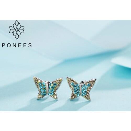 PONEES Pave Crystals Prevent Allergy Butterfly Stud Earrings For Women Wedding Small And Simple Earrings Jewelry Gift