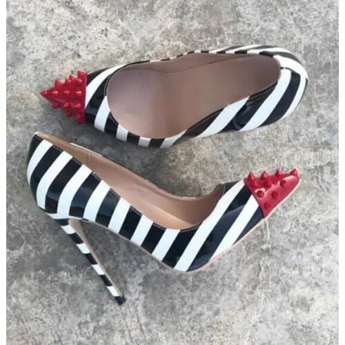 Carpaton Sexy Rivets Studded High Heel Shoes Pointed Toe Stiletto Heels for Woman Super High Shallow Pumps Striped Leather Shoes