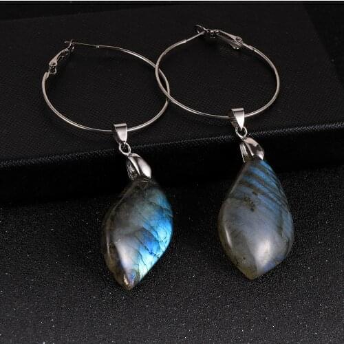 Women Natural Moonstone Irregular Labradorite Pendant Dangling Earrings Large Round Circle Hanging Earring Hook Female Jewelry