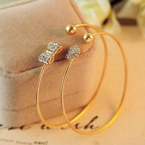 Shiny Bling Crystal Bow & Heart Golden Metallic Opening Adjustable Bracelets & Bangles for Women
