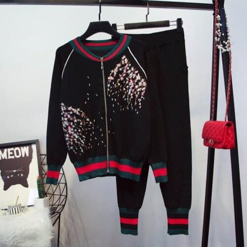 2020 Elastic Waist Pattern O-neck Real New Womens Suit Fashion Embroidery Zipper Cardigan Sweater Trousers Two-piece Female