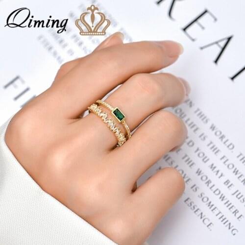 Geometric Double Layer Green Stone Rings For Women Fashion Jewelry Trend Zircon Jewelry Couple Open Wedding Ring