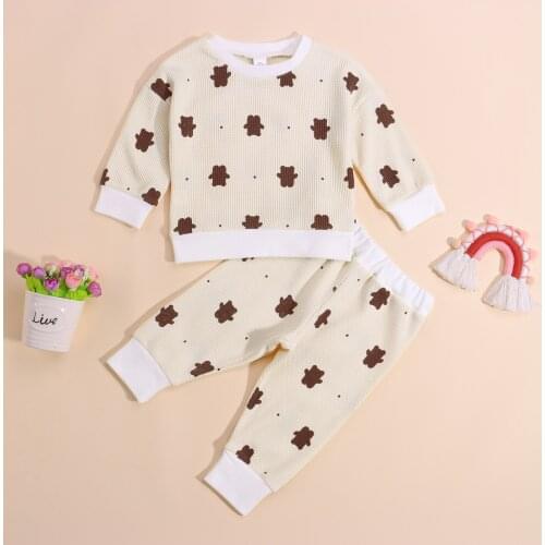 Newborn Baby Boys Girls Cute Bear Print Long Sleeve Round Neck Pullover + Trousers 2pcs Casual Home Wear Children Clothings