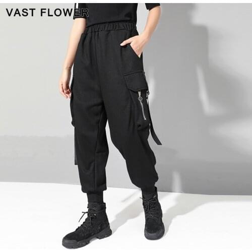 2021 Spring Autumn Black High Waist Cargo Pants Women Plus Size Loose Casual Ladies Trousers Pockets Korean Fashion Streetwear
