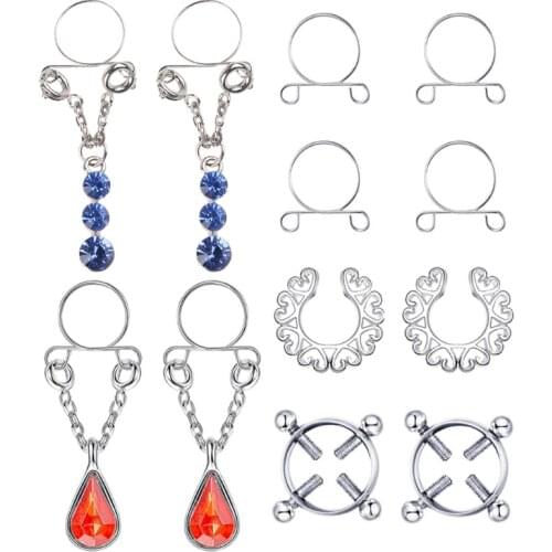 4 Pairs Stainless Steel Non-Piercing Fake Nipple Rings Water Drop Dangle Jewelry