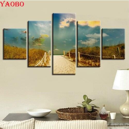 5d diy diamond painting cross stitch 5 Pieces Beach Sea Ocean/Sky Clouds full square drill diamond embroidery home decoration