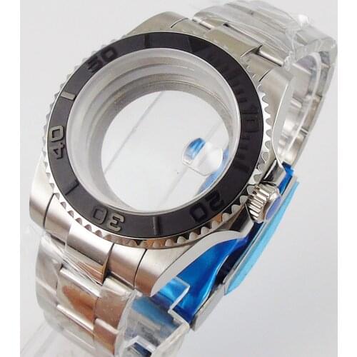 For NH35 NH36 40mm Watch Case Oyster Bracelet Plain Sapphire Glass Brushed Black Insert Open Screw Back Folding Buckle