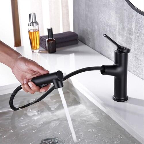 Black Pull Out Bathroom Faucet Copper 3 Modes Rinser Sprayer Hot Cold Water Sink Crane Basin Mixer Single Handle Deck Mount Tap