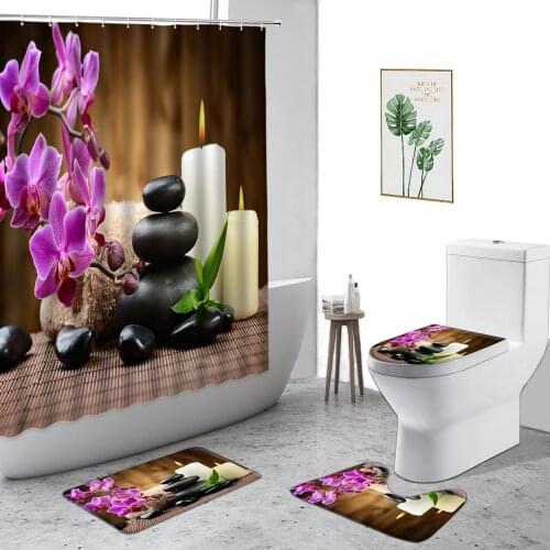 Zen Waterproof Shower Curtain Green Bamboo Candle Black Zens Stone Spa Bathroom Decor 4-Piece Set Non-Slip Bath Mat Toilet Cover