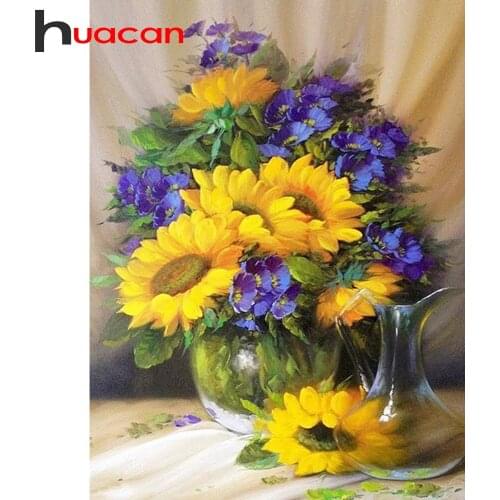 Huacan 5D Diamond Painting Cross Stitch Sunflower Vase Diamond Mosaic Embroidery Kit Flower Modular Pictures Home Decoration
