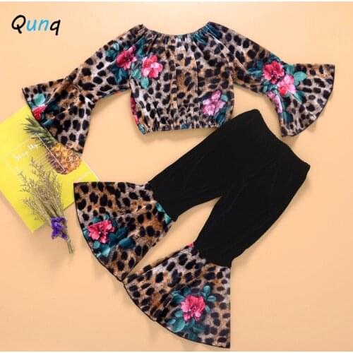 2 3 4 5 6 Year Children Clothing Set Spring Fall Flower Flared Sleeve Shirt Pant Girls Suits Fashion Leopard Baby Kids Clothes