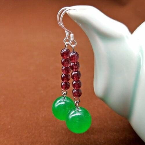 NATURAL 5-12mm GREEN JADE Garnet DANGLE DROP EARRING SILVER HOOK