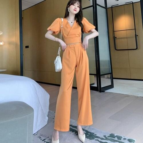 New arrival fashion korean style sets for women summer temperament vintage puff sleeve OL simple pant and top two piece set