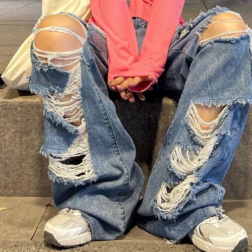 New Spring And Autumn womens ripped jeans high waist loose straight pants wide leg pants womens jeans Y2K high street jeans