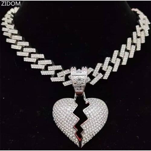 Men Women Hip Hop Iced Out Bling Heart Pendant Necklace with 13mm Rhombus Cuban Chain HipHop Necklaces Fashion Jewelry Gifts